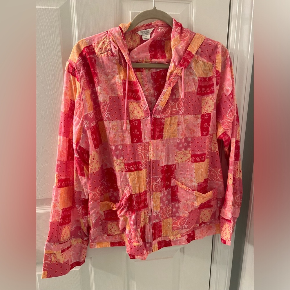 Christopher & Banks XL pink/coral/orange print zip hooded thin cotton jacket